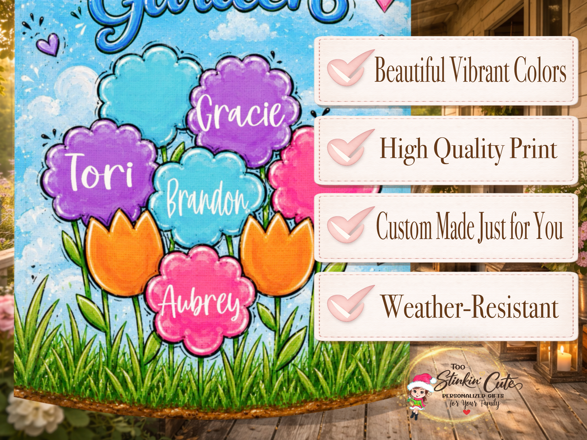 Nana’s Garden custom name flag with individual flowers representing each child or grandchild