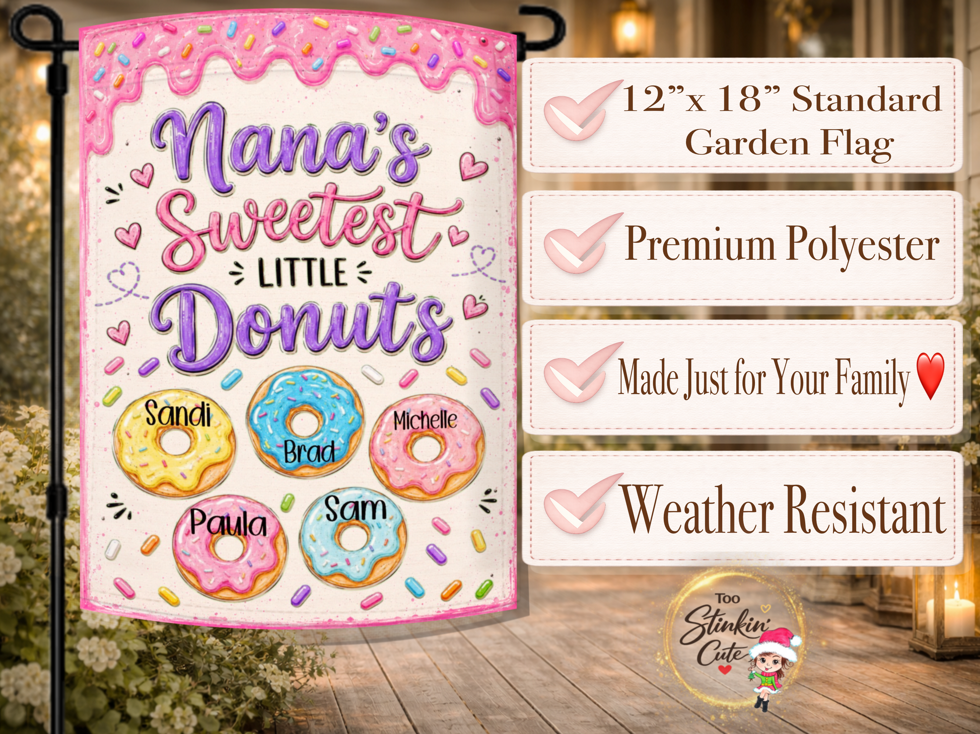Personalized grandkids name flag with individual names printed on colorful donuts