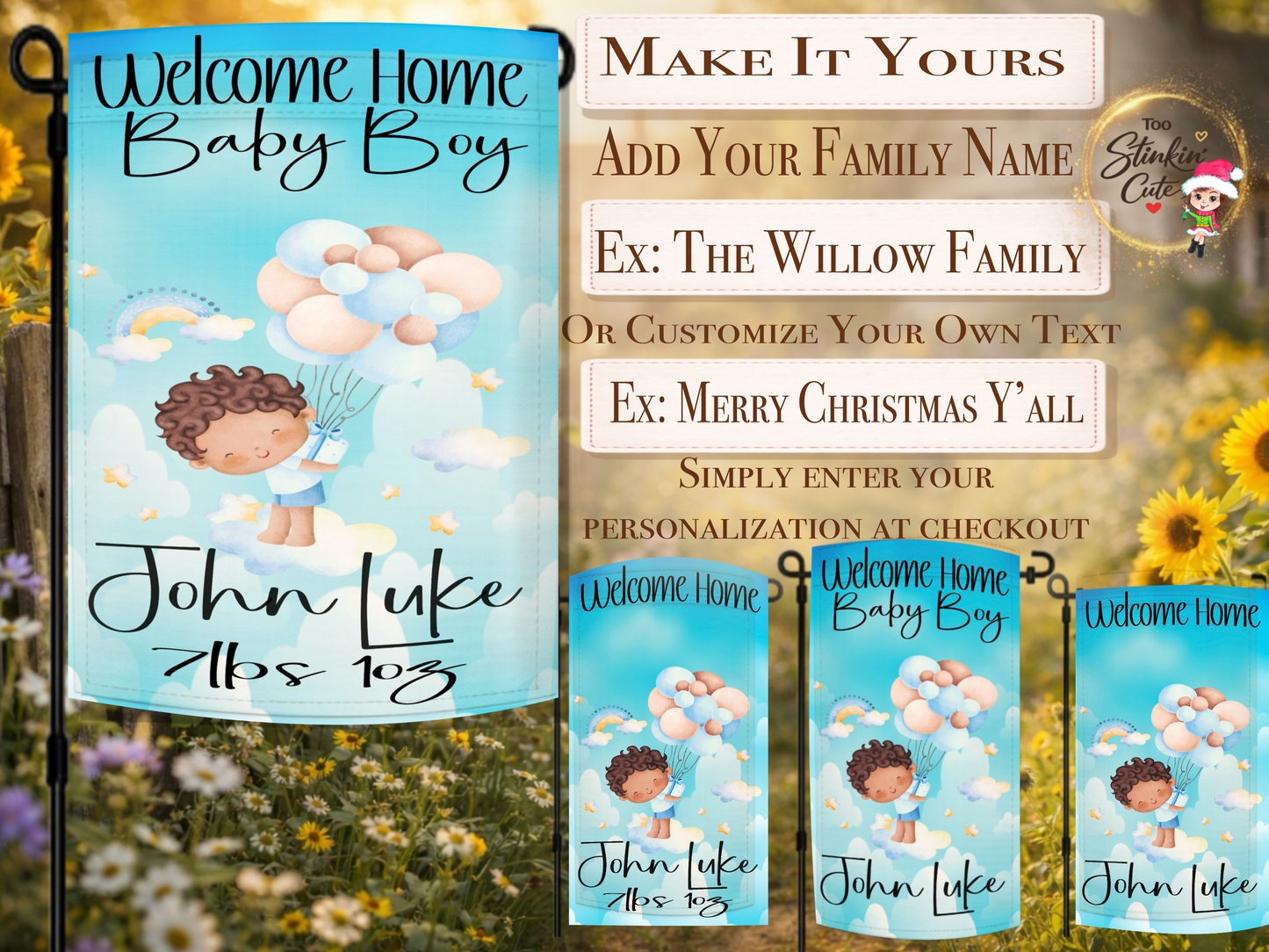 Custom newborn baby boy yard flag featuring pastel balloons and clouds