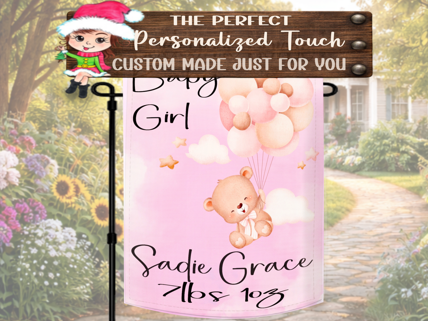 Custom baby girl announcement flag with pastel pink teddy bear design
