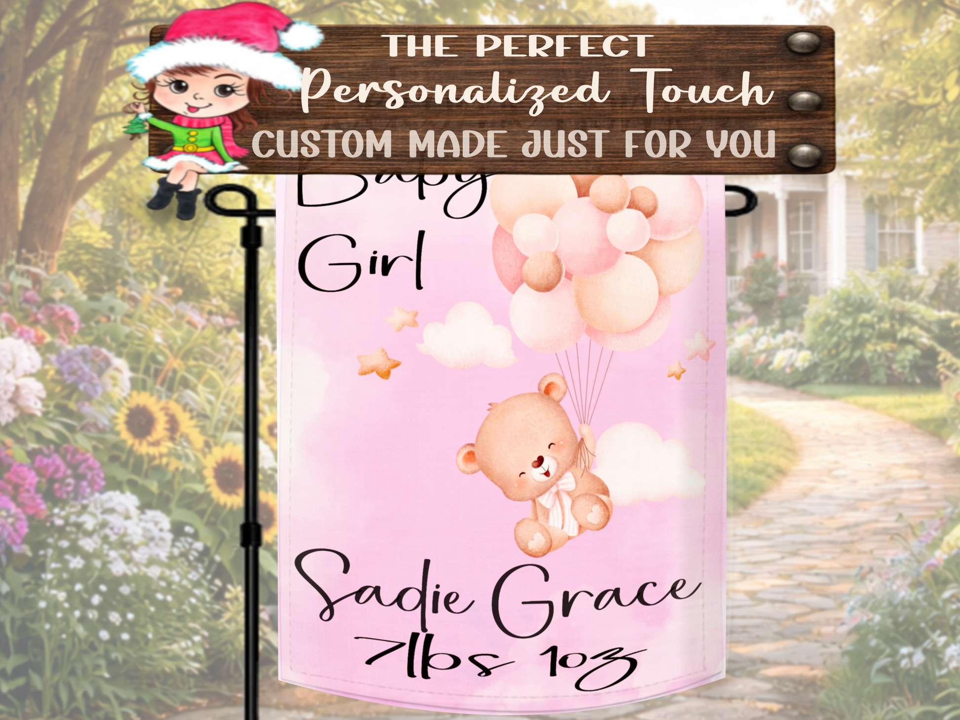 Custom baby girl announcement flag with pastel pink teddy bear design