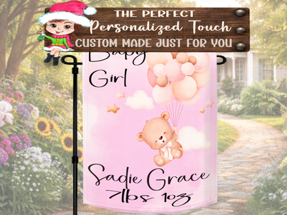 Custom baby girl announcement flag with pastel pink teddy bear design