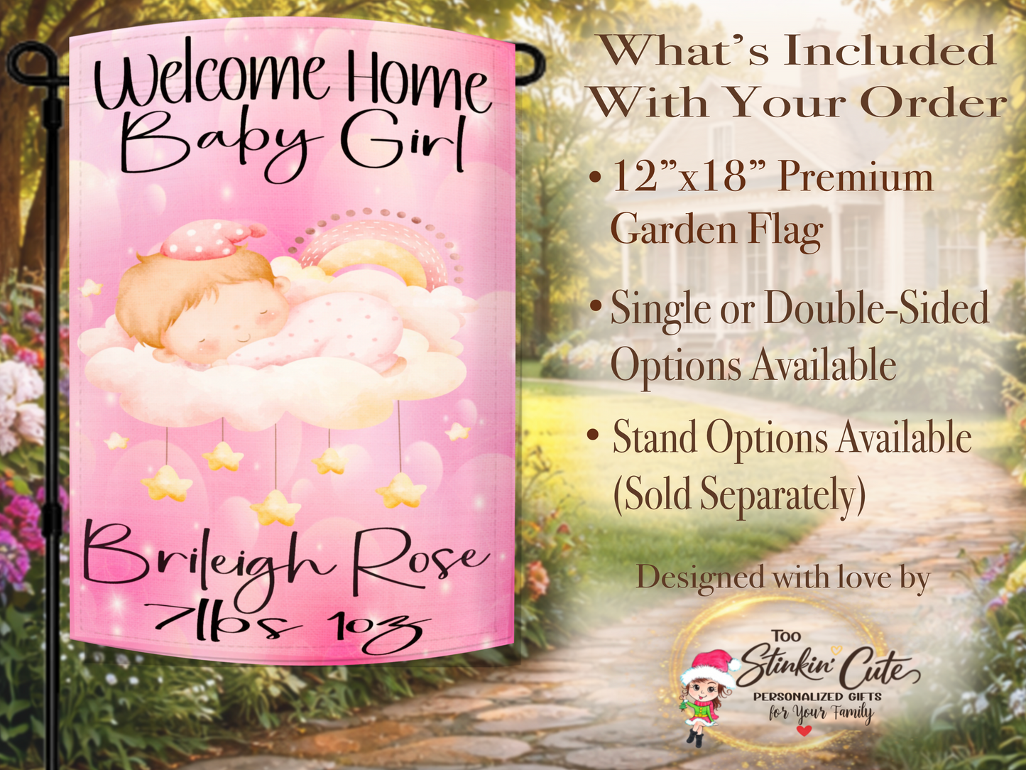 Pink watercolor baby girl garden flag for newborn birth announcements