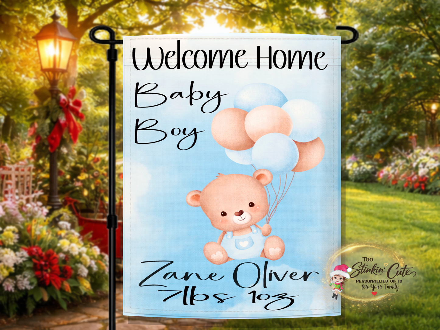 Personalized welcome home baby boy garden flag with teddy bear and balloons
