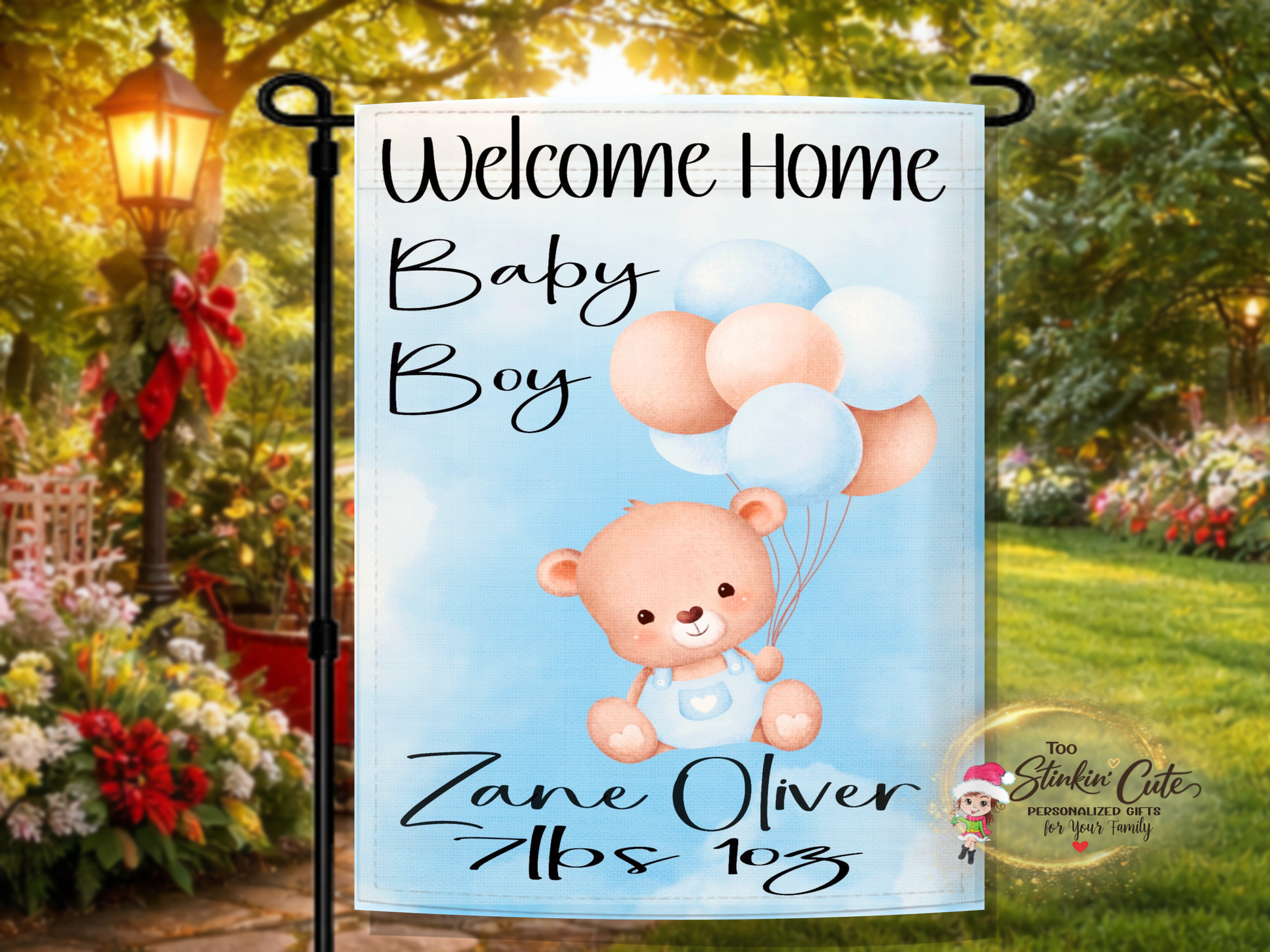 Personalized welcome home baby boy garden flag with teddy bear and balloons