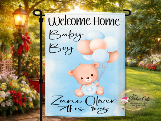 Personalized welcome home baby boy garden flag with teddy bear and balloons