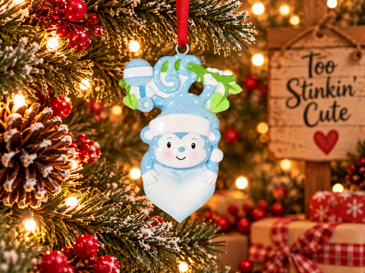 Custom blue resin Christmas ornament hand-personalized with a baby’s name
