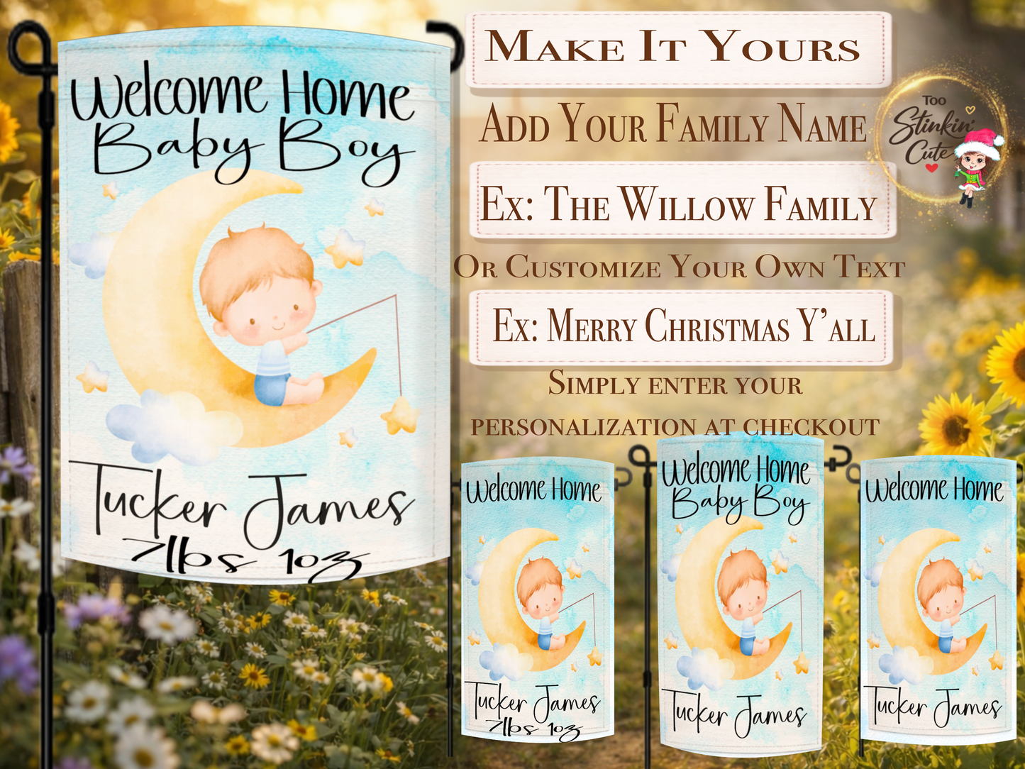Blue watercolor baby boy welcome home garden flag featuring crescent moon and clouds