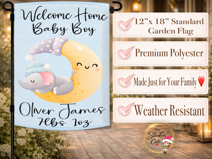 Personalized baby boy announcement flag with moon and elephant nursery artwork