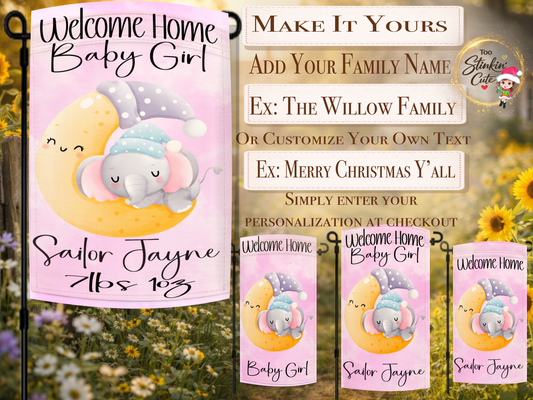 Pink newborn baby girl yard flag featuring cute elephant and stars design