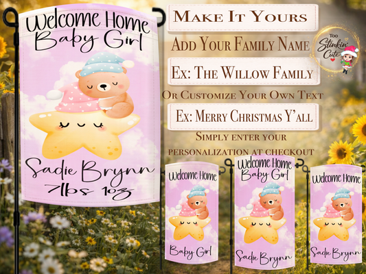 Custom newborn baby girl yard flag with baby name and birth weight details