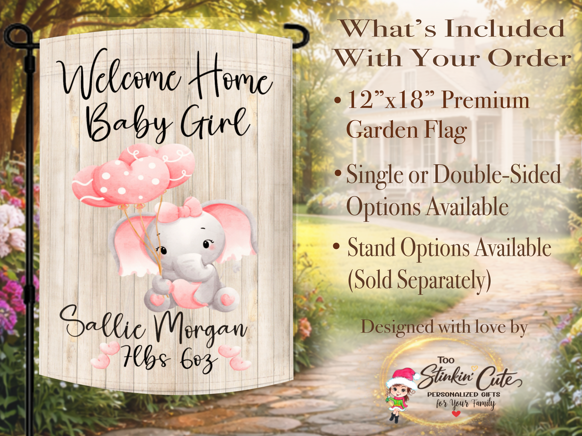 Rustic wood baby girl garden flag personalized with baby name and birth details
