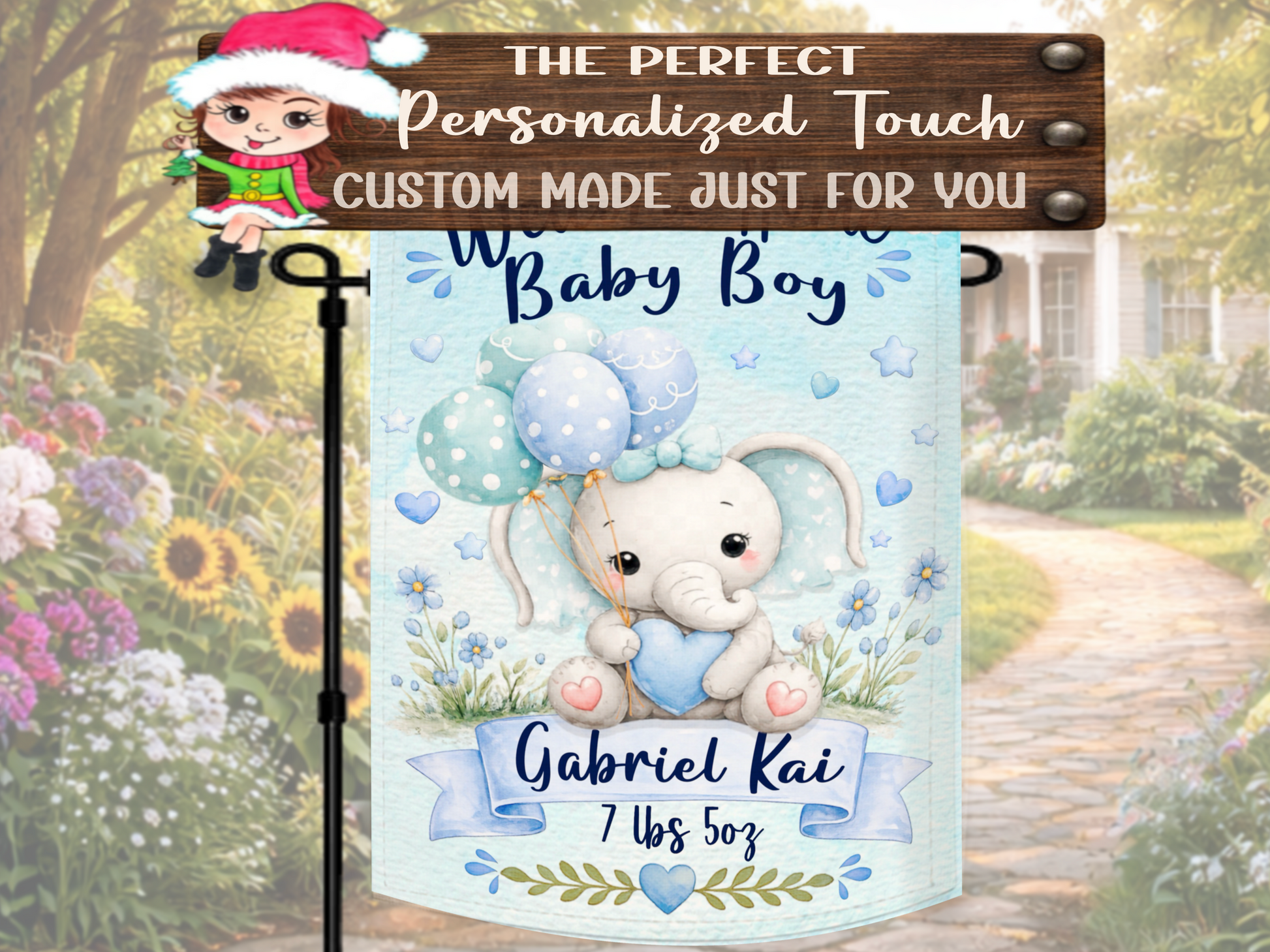 Baby shower elephant balloon personalized flag