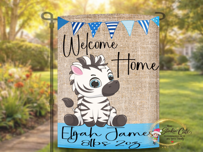Personalized newborn baby boy yard décor with zebra and blue banner design