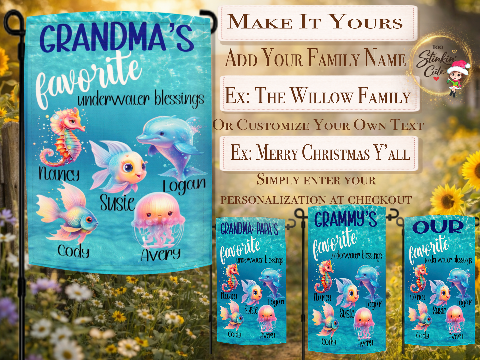 Ocean themed grandma garden flag with dolphin jellyfish and fish artwork