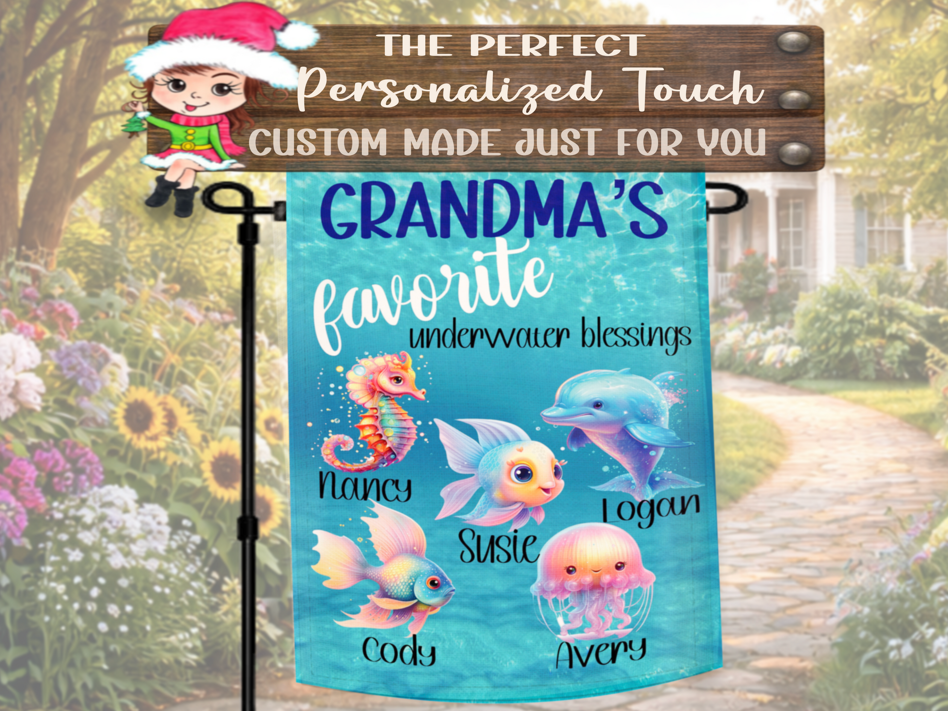Personalized underwater blessings flag for Grandma and family