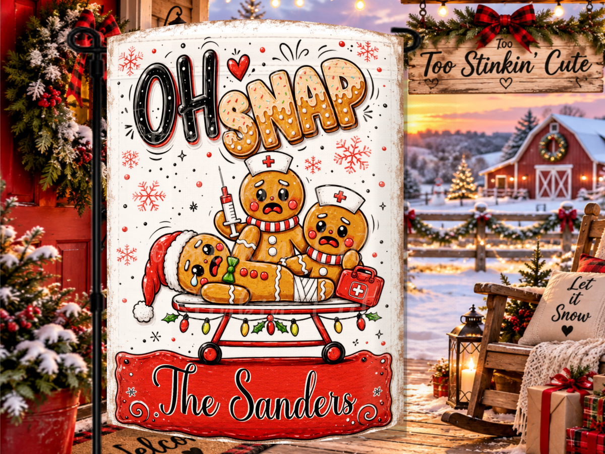 Personalized Oh Snap Christmas garden flag featuring an injured gingerbread cookie on a stretcher with two gingerbread nurses and a custom family name.