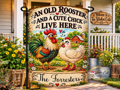 Personalized Old Rooster and Cute Chick garden flag featuring a colorful rooster, white hen, and custom family name.