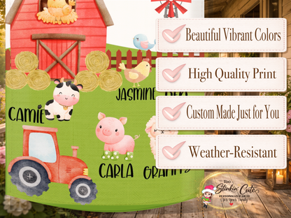 Farm animal family garden flag with custom names and red barn artwork