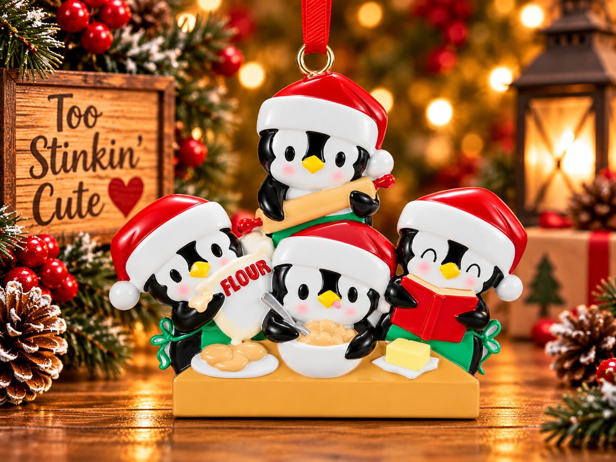 Penguin baking family ornament hanging from a red ribbon beside a wooden Too Stinkin’ Cute sign.