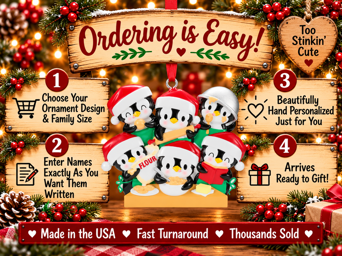 Six penguin bakers arranged in two rows, with five wearing Santa hats and one wearing a silver-colored mixing bowl.
