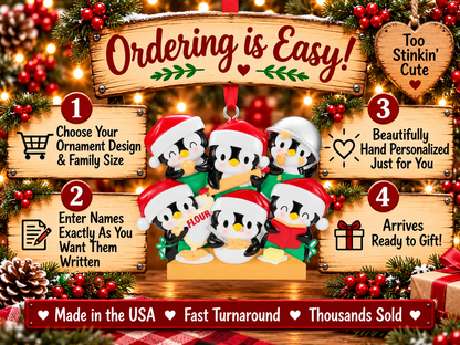 Six penguin bakers arranged in two rows, with five wearing Santa hats and one wearing a silver-colored mixing bowl.