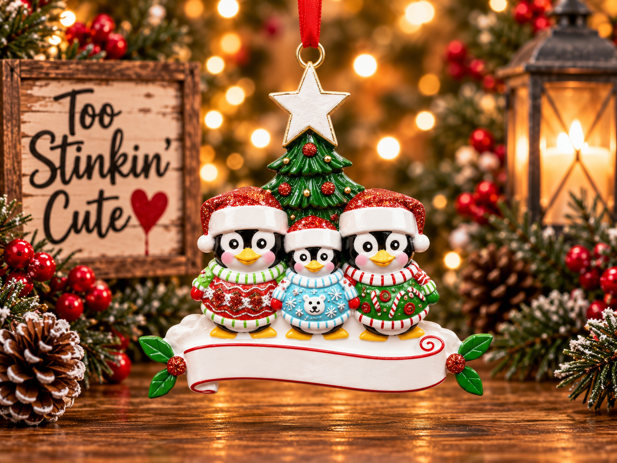 Personalized family of three penguin Christmas ornament featuring three custom names.
