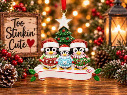 Personalized family of three penguin Christmas ornament featuring three custom names.
