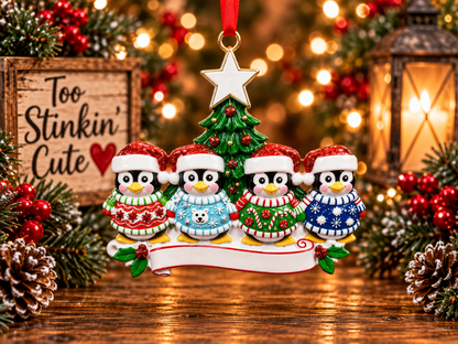 Personalized family of four penguin Christmas ornament featuring four custom names.