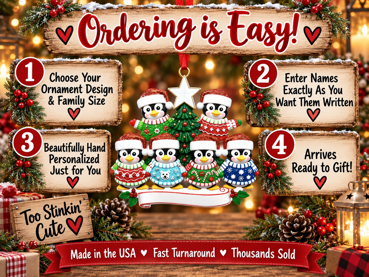 Hand-personalized penguin family ornament with six names, family banner, and year.