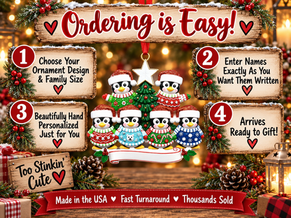 Hand-personalized penguin family ornament with six names, family banner, and year.