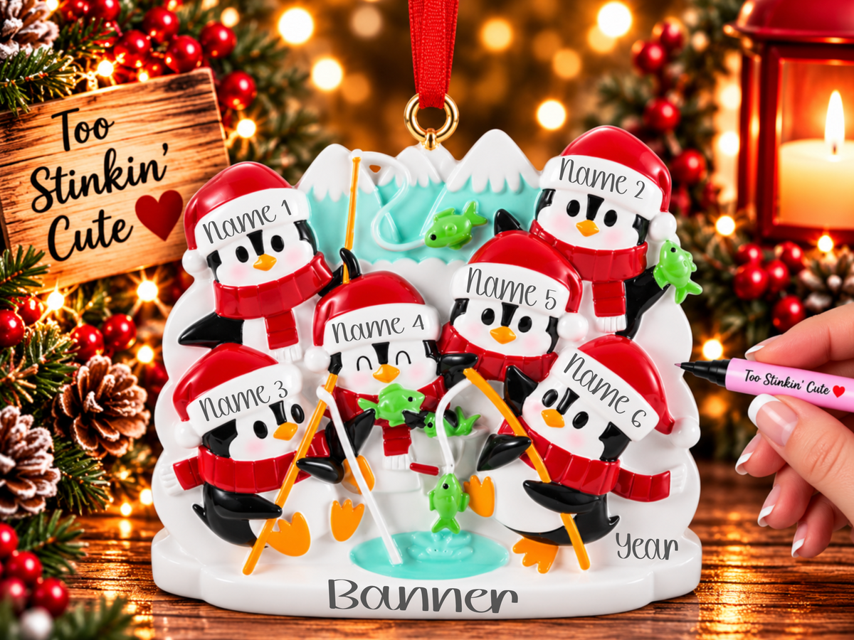 Six black and white penguins gathered around an aqua ice fishing hole on a snowy white base.