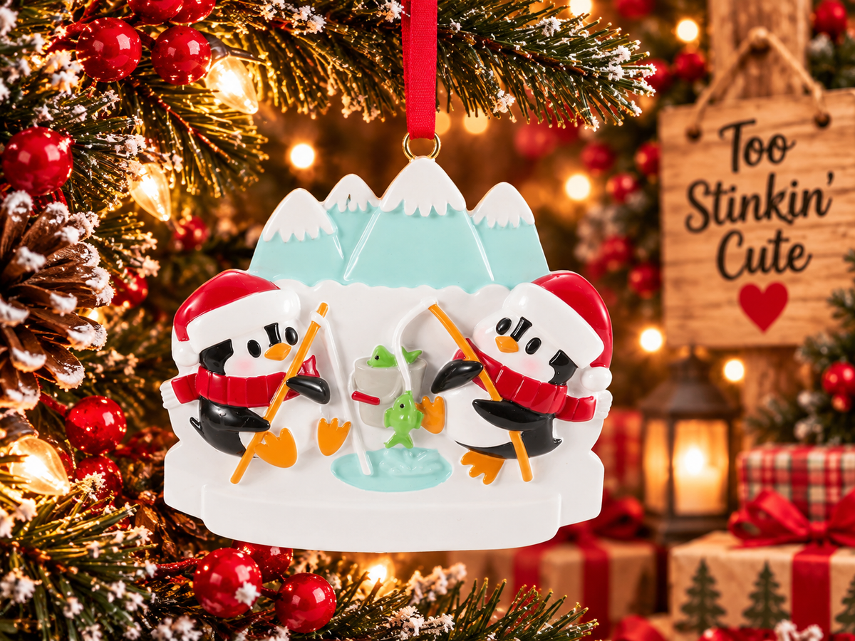 Two black and white penguins fishing beside a white bucket holding a green fish in a snowy winter scene.
