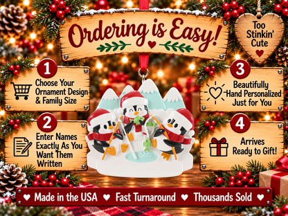 Three penguin Christmas ornament with blank white hat brims and a white base for hand personalization.