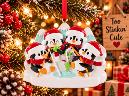 Penguin ice fishing ornament hanging from a red ribbon beside a wooden Too Stinkin’ Cute sign and Christmas lights.