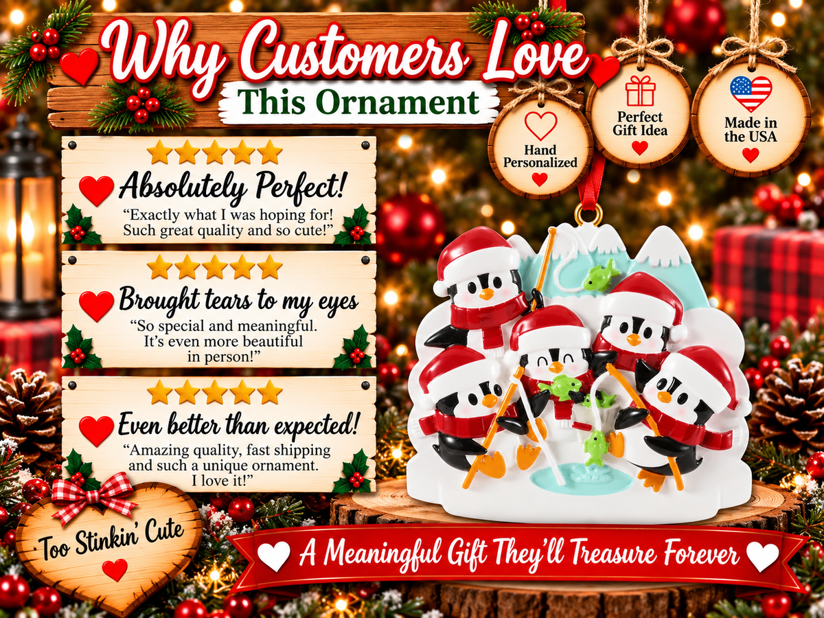 Penguin ice fishing Christmas ornament hanging from a red ribbon in a festive setting with warm lights and greenery.