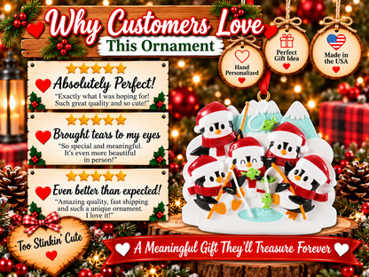 Penguin ice fishing Christmas ornament hanging from a red ribbon in a festive setting with warm lights and greenery.