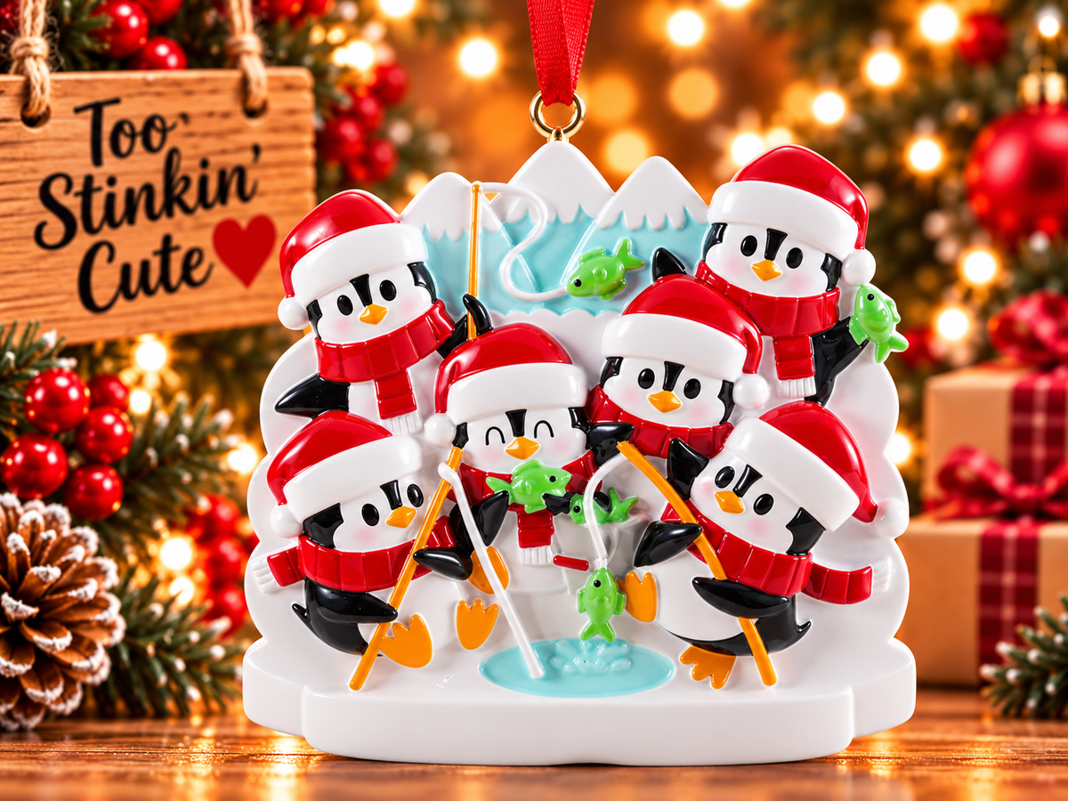 Penguin ice fishing ornament hanging from a red ribbon beside a wooden Too Stinkin’ Cute sign and warm Christmas lights.