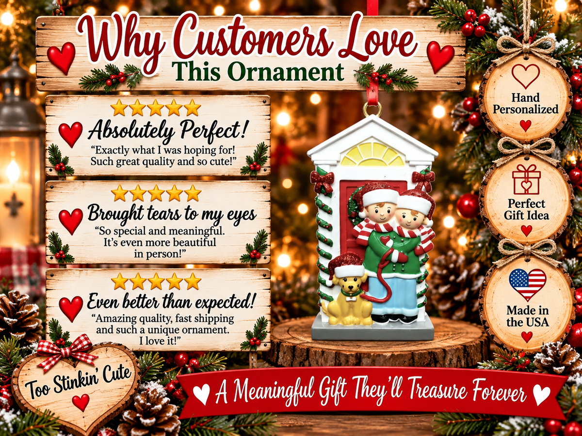 New-home family Christmas ornament with a festive red front door