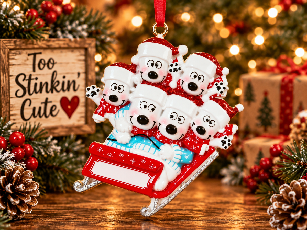 Family of six Christmas keepsake ornament customized with names and the year.