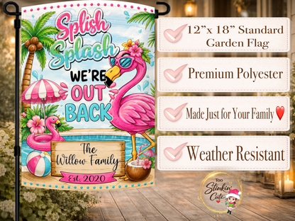 Flamingo pool welcome flag with custom family name.