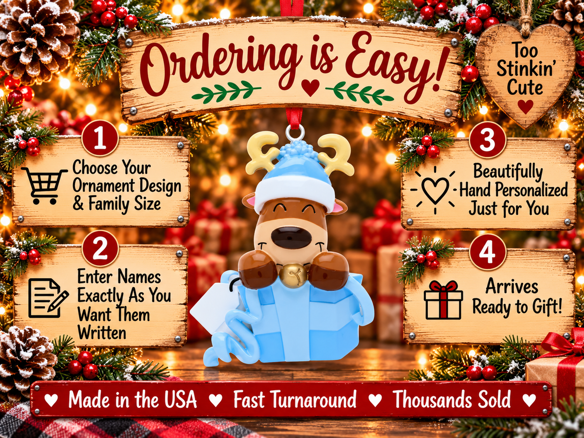 Reindeer gift box ornament with a blank white gift tag available for hand personalization.