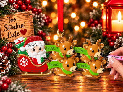 Four smiling reindeer with brown antlers, black noses, and bright green scarves.
