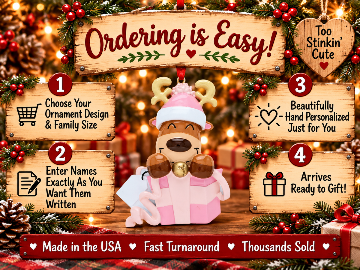 Pink reindeer gift box ornament featuring a blank white tag for handwritten personalization.