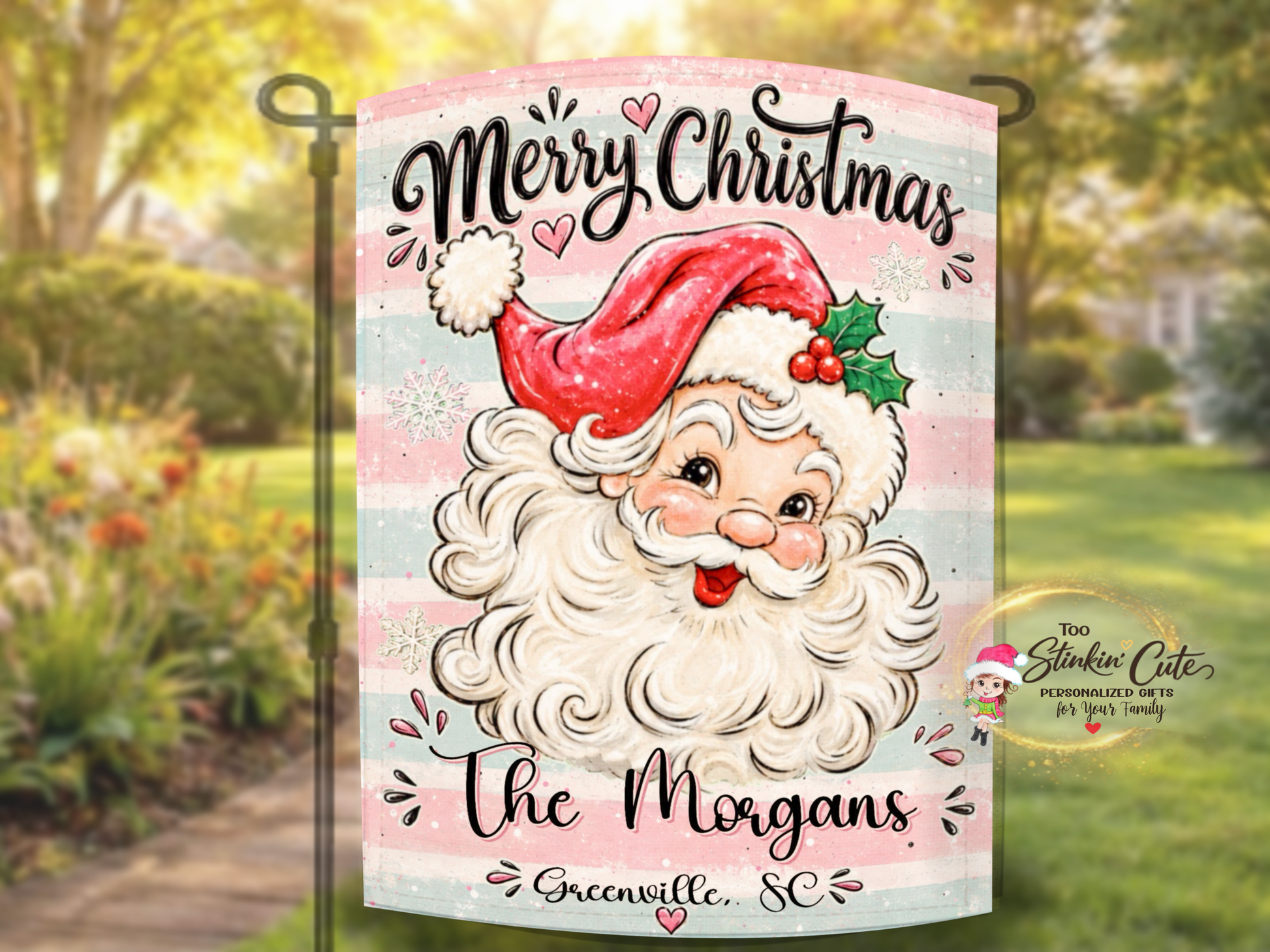 Custom hometown Christmas flag featuring rosy-cheeked Santa artwork