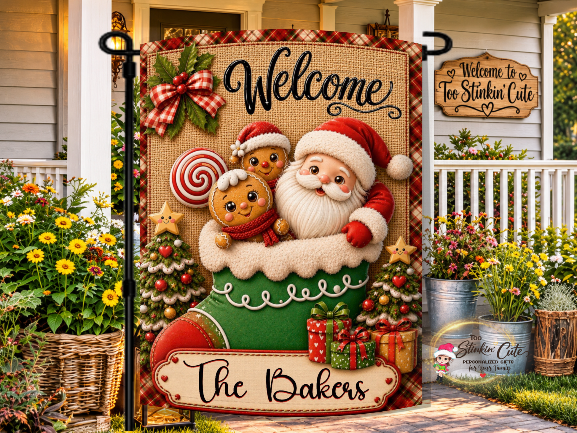Personalized Santa and gingerbread Christmas garden flag featuring a custom family name.