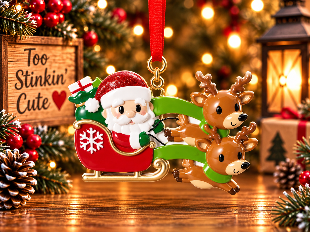 Santa and two reindeer ornament hanging from a red ribbon against warm Christmas lights.