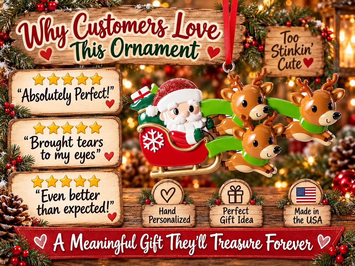 Family of three reindeer ornament displayed against warm Christmas lights with evergreen greenery and red berries.