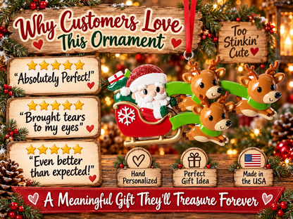 Family of three reindeer ornament displayed against warm Christmas lights with evergreen greenery and red berries.