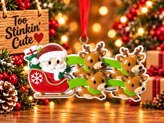 Personalized Santa Sleigh Reindeer Family of 4 Christmas Ornament – Custom Five Names, Holiday Family Keepsake